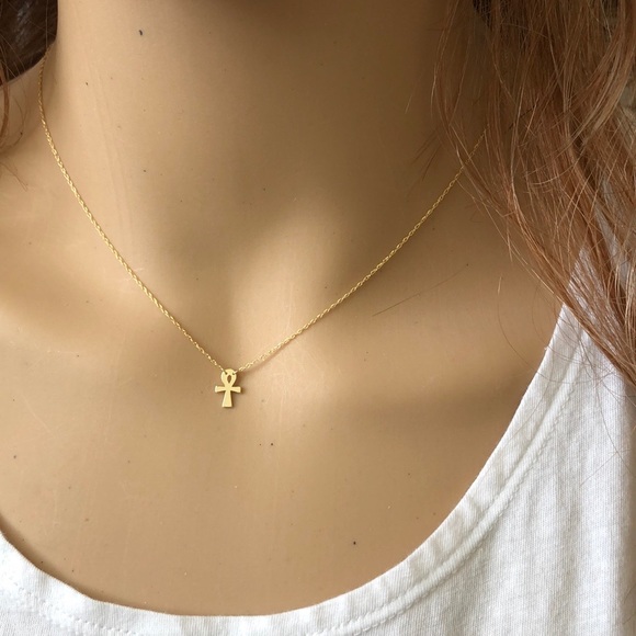 14K Solid Gold Mini Cross Ankh Necklace - Picture 6 of 6